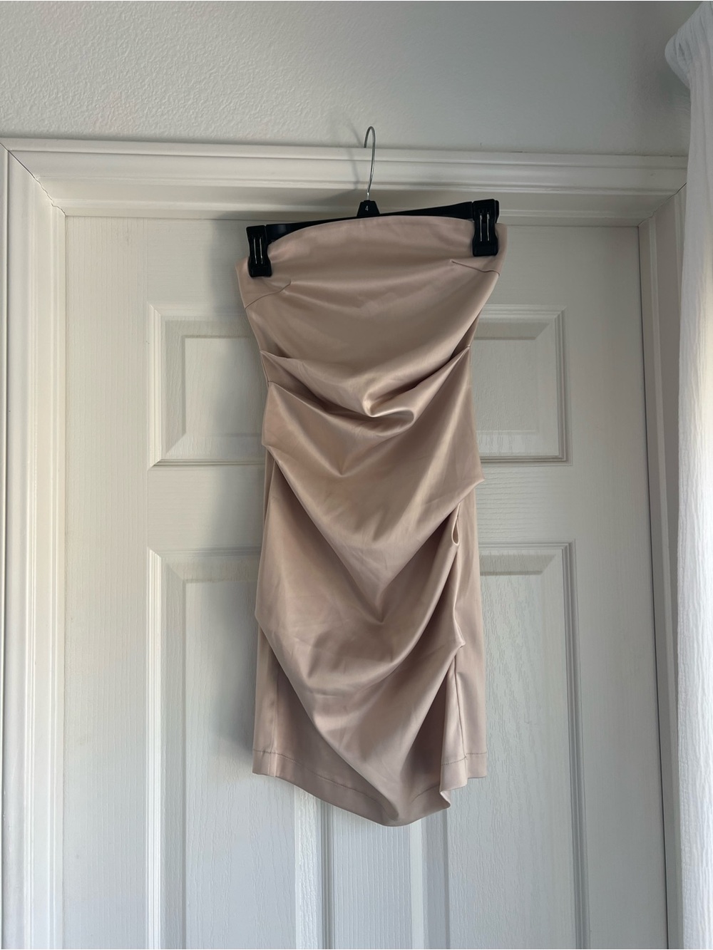 Strapless Ruched Midi Dress in Soft Nude